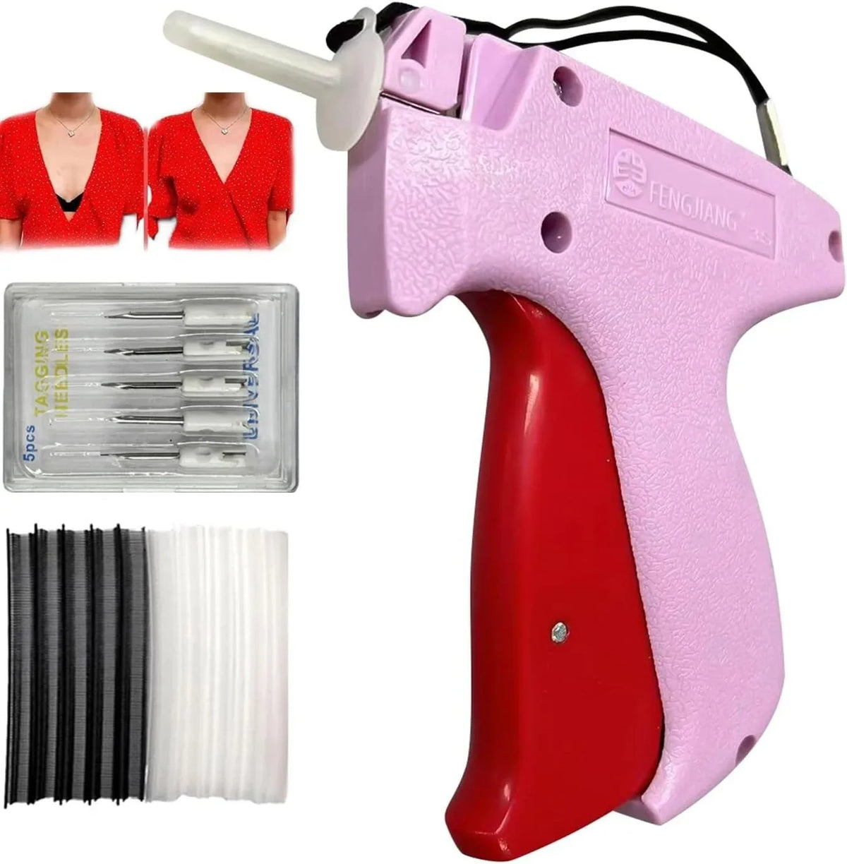 A pink and red mini handheld stitch gun with a needle and several sewing needles for clothing repairs.