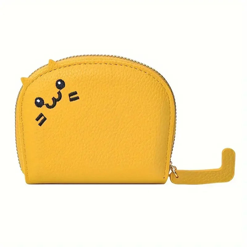 A yellow cartoon cat-shaped PU leather card wallet with a zipper closure.
