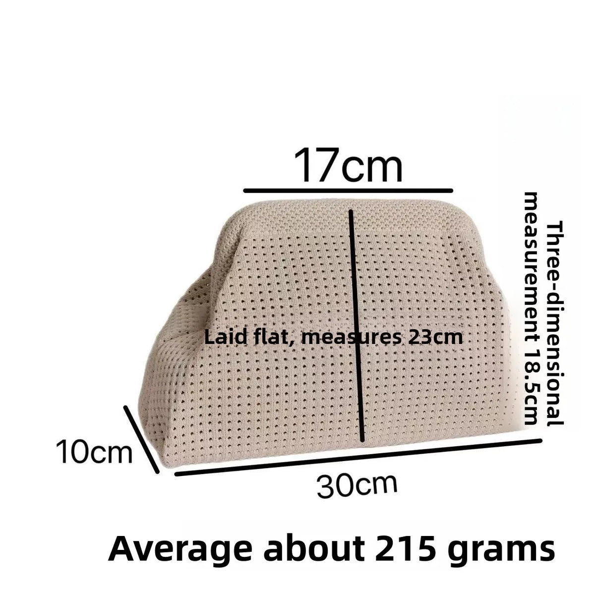 A beige hand-knit clutch bag laid flat, measuring 17cm by 23cm, with an average weight of about 215 grams.
