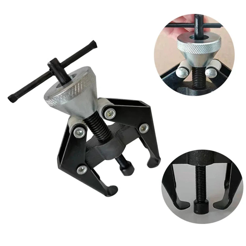 A two-arm puller tool used for alternator and bearing removal, shown with a close-up of the mechanism.