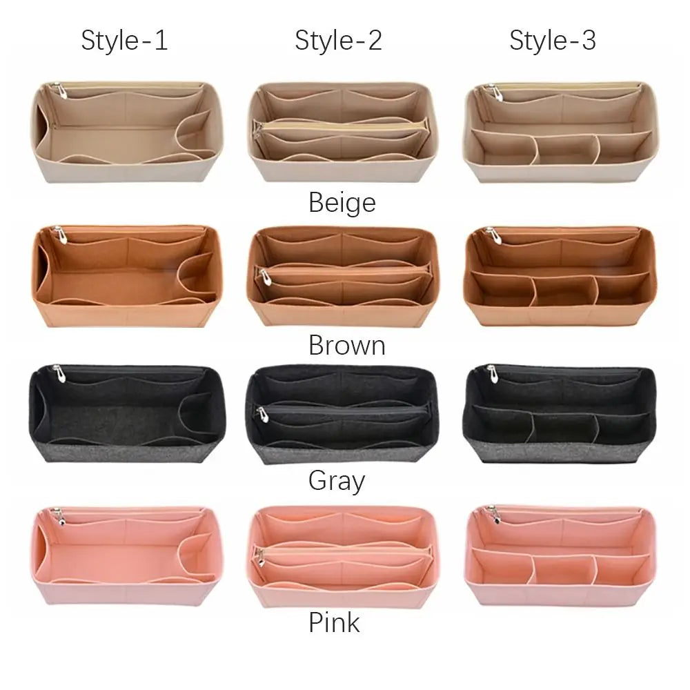 A collection of felt insert liners for handbags shown in various styles and colors including beige, brown, gray, and pink.