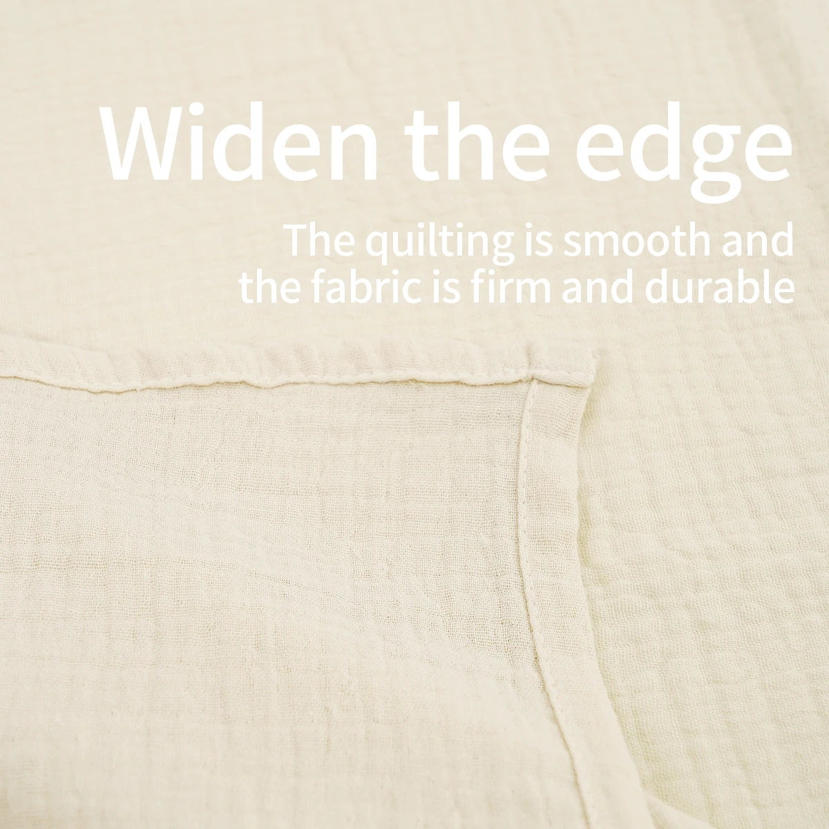 Close-up of a light beige breathable cotton muslin car seat and stroller cover fabric with visible stitching.