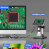 A 3-in-1 multifunctional digital microscope setup showing a circuit board, a microscope module, and photo and video outputs.