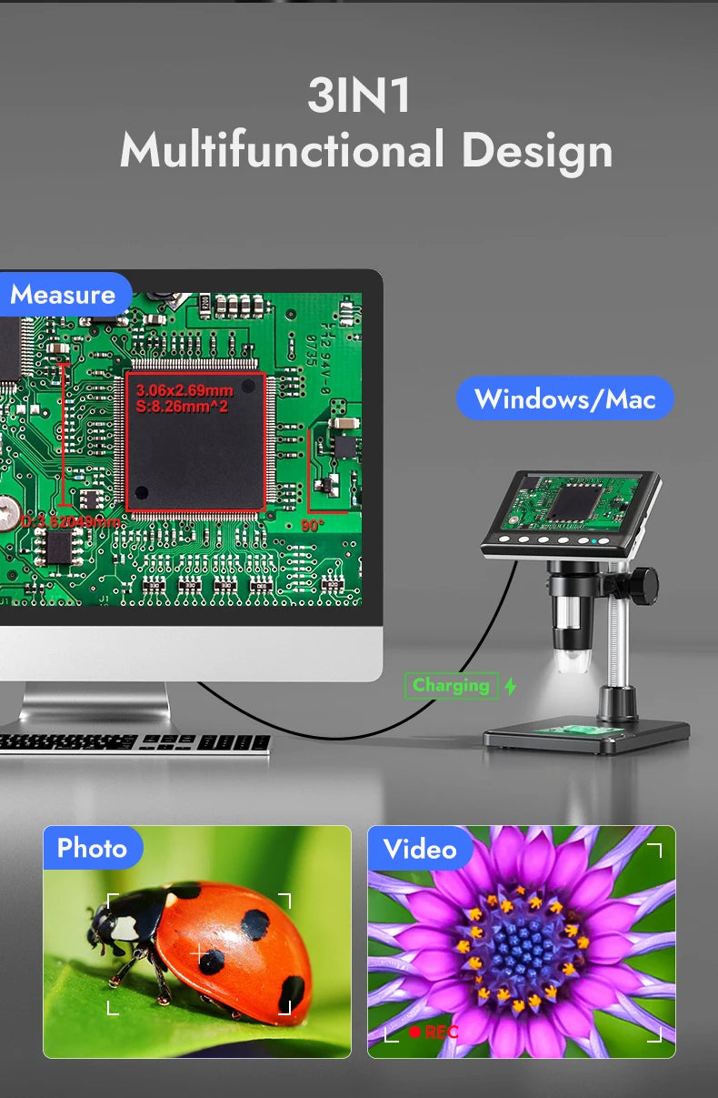 A 3-in-1 multifunctional digital microscope setup showing a circuit board, a microscope module, and photo and video outputs.