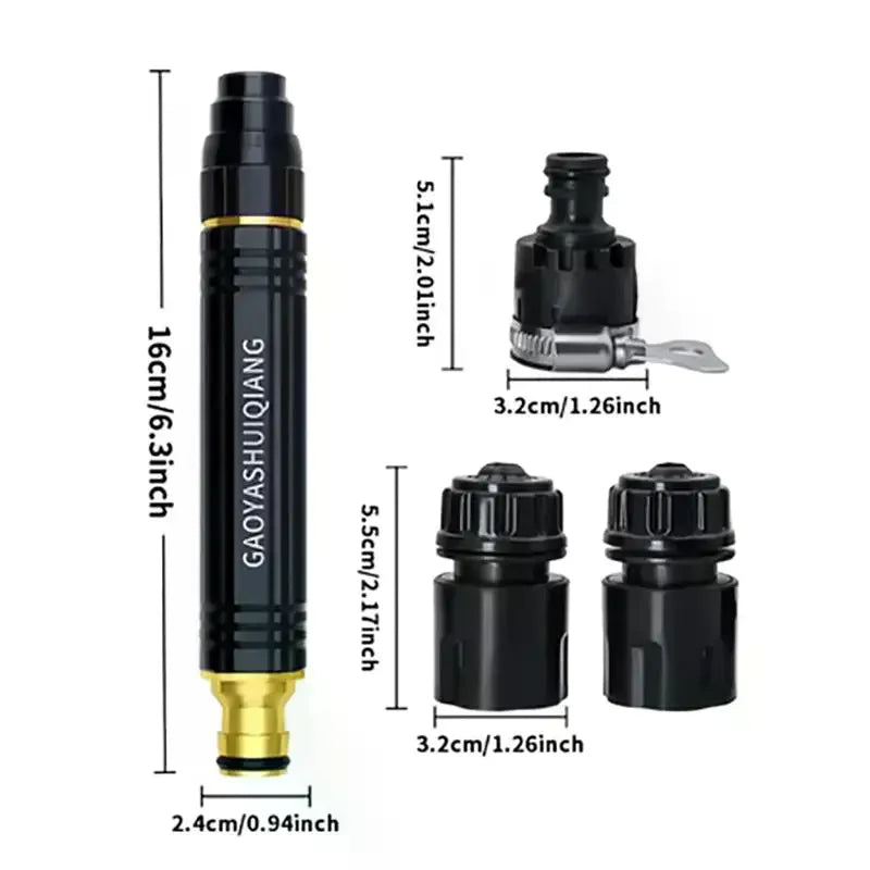 A set of adjustable high-pressure water spray nozzles for car washing and garden watering, shown with various sizes.