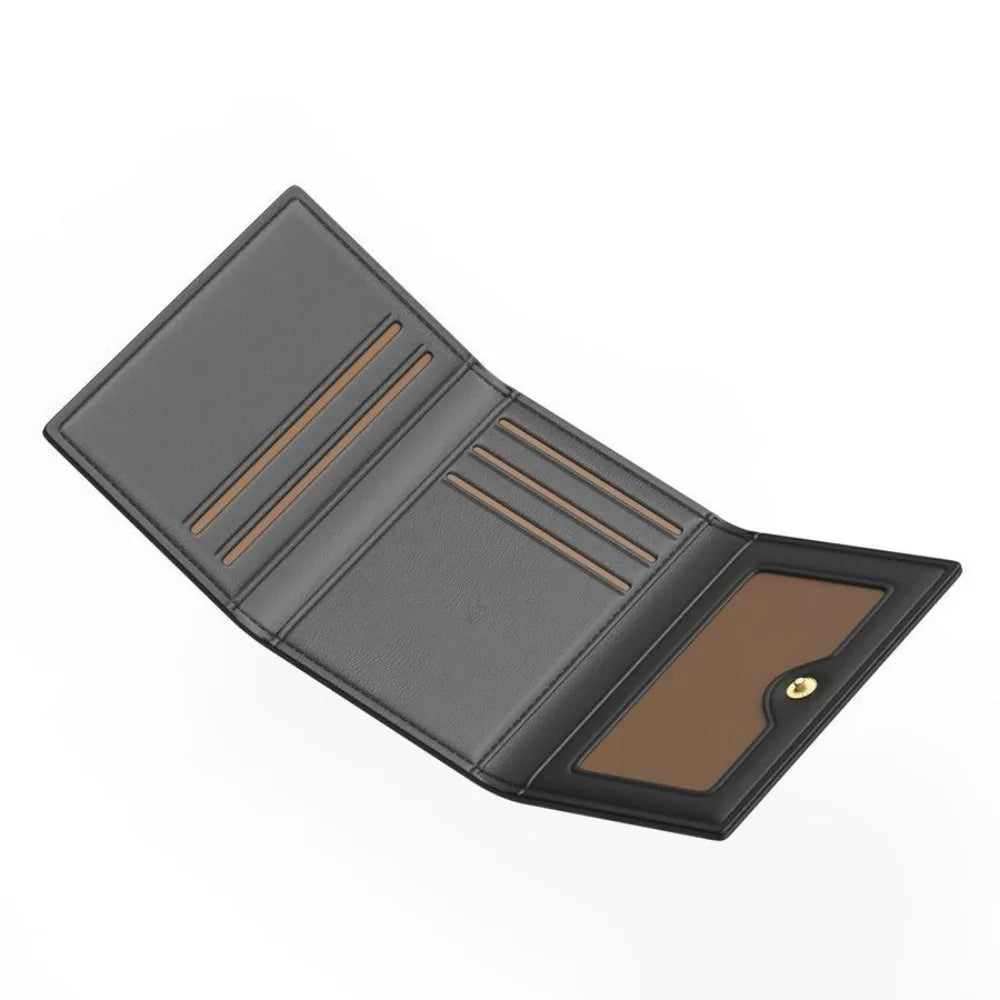A black leather card holder wallet with multiple slots shown at an angle.