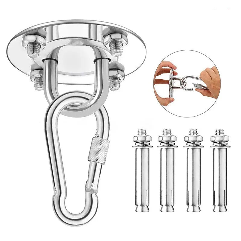 Heavy-duty stainless steel ceiling mount hanging kit with a hook and various hardware components