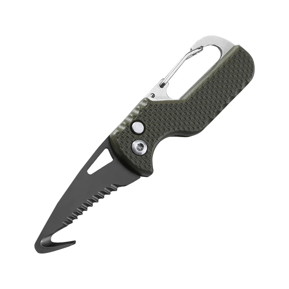 A compact folding pocket knife with a textured gray handle and a silver gut hook visible.