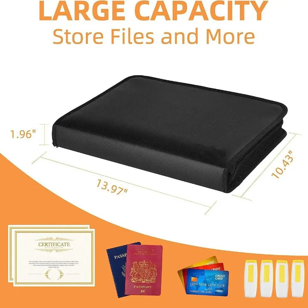 Black fireproof and waterproof expanding file organizer with multi-pocket accordion design