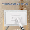 A white versatile wet and dry use flat mop with a rotating head is shown being used on a floor.