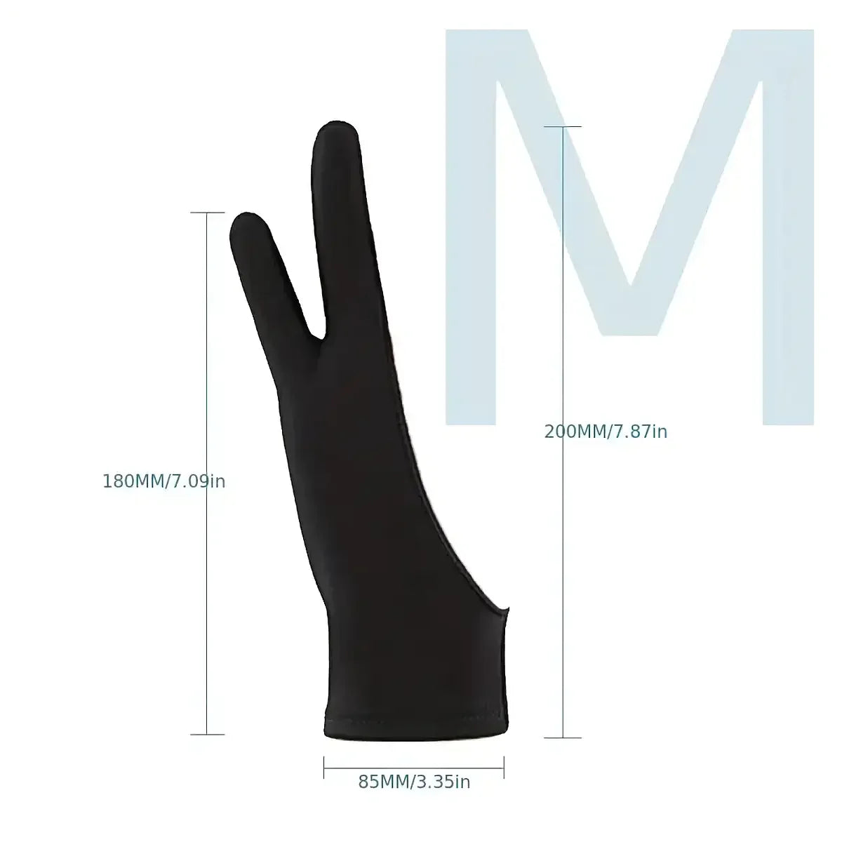 Black two-finger anti-touch drawing gloves shown against a large letter M
