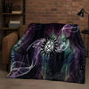 A dark purple and green patterned flannel throw blanket featuring a glowing pentagram design.