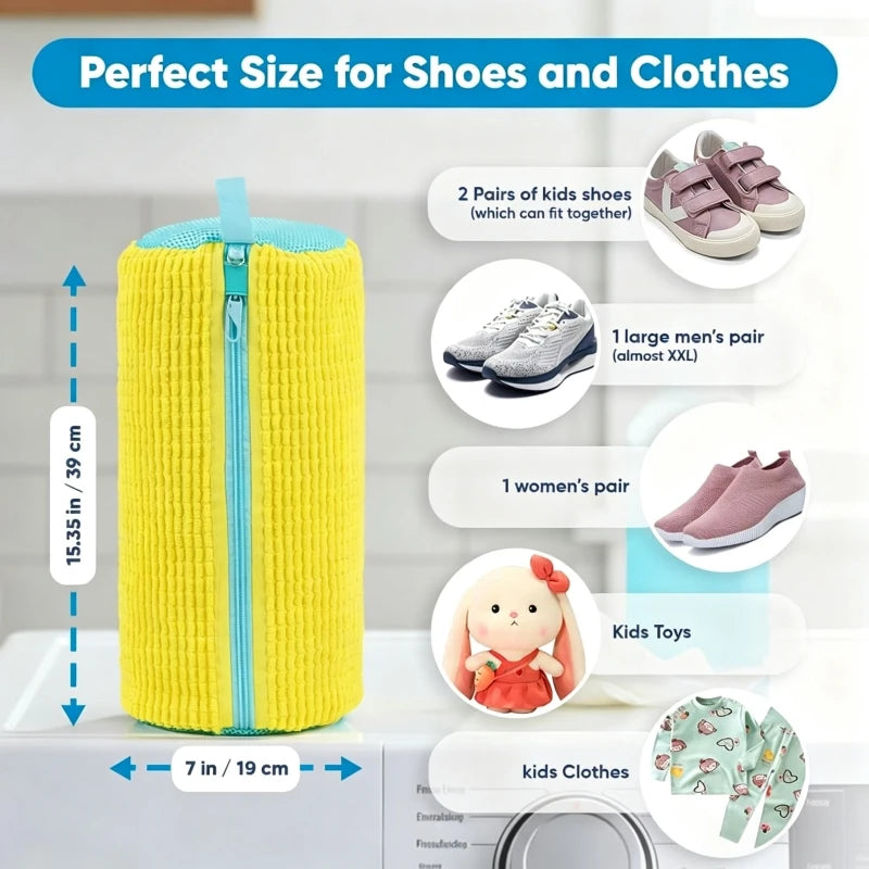 Yellow shoe washing bag with a cleaning brush set for shoes, clothes, and toys