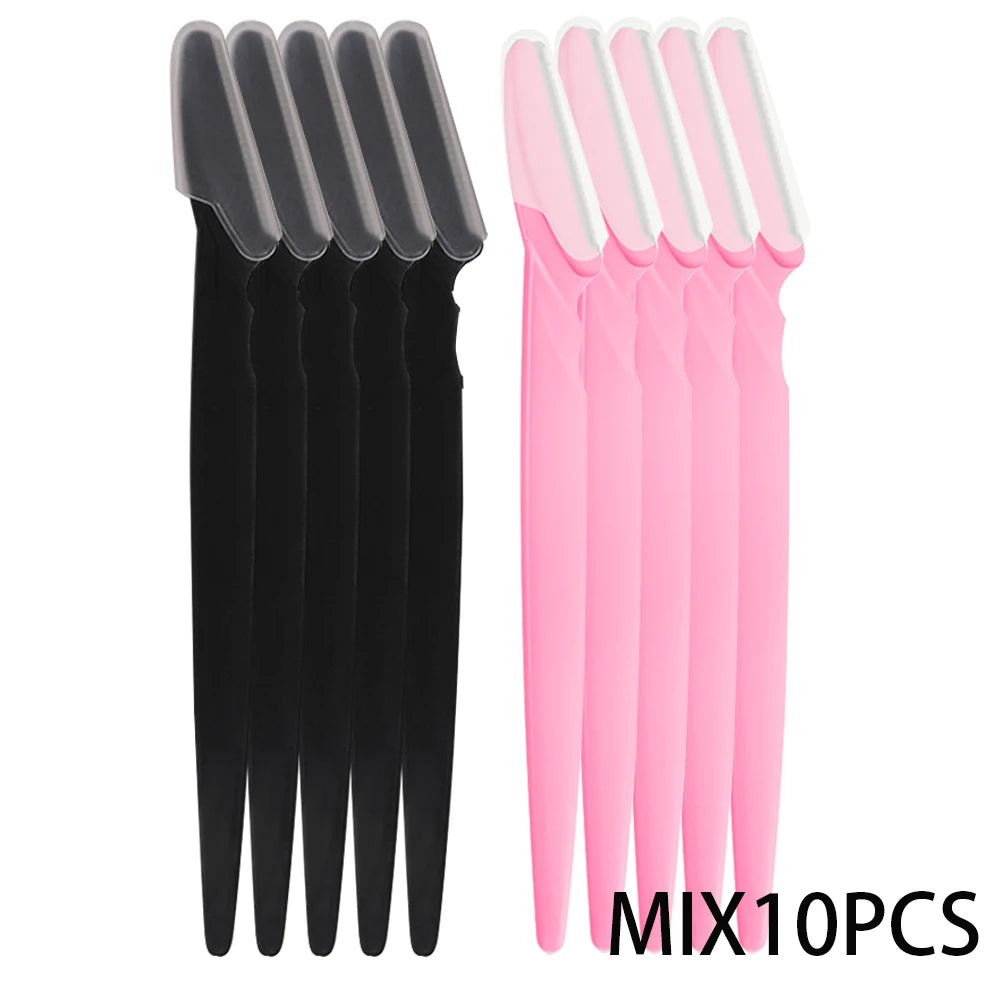 A set of ten precision eyebrow razors, featuring black and pink handles, for facial grooming and dermaplaning.