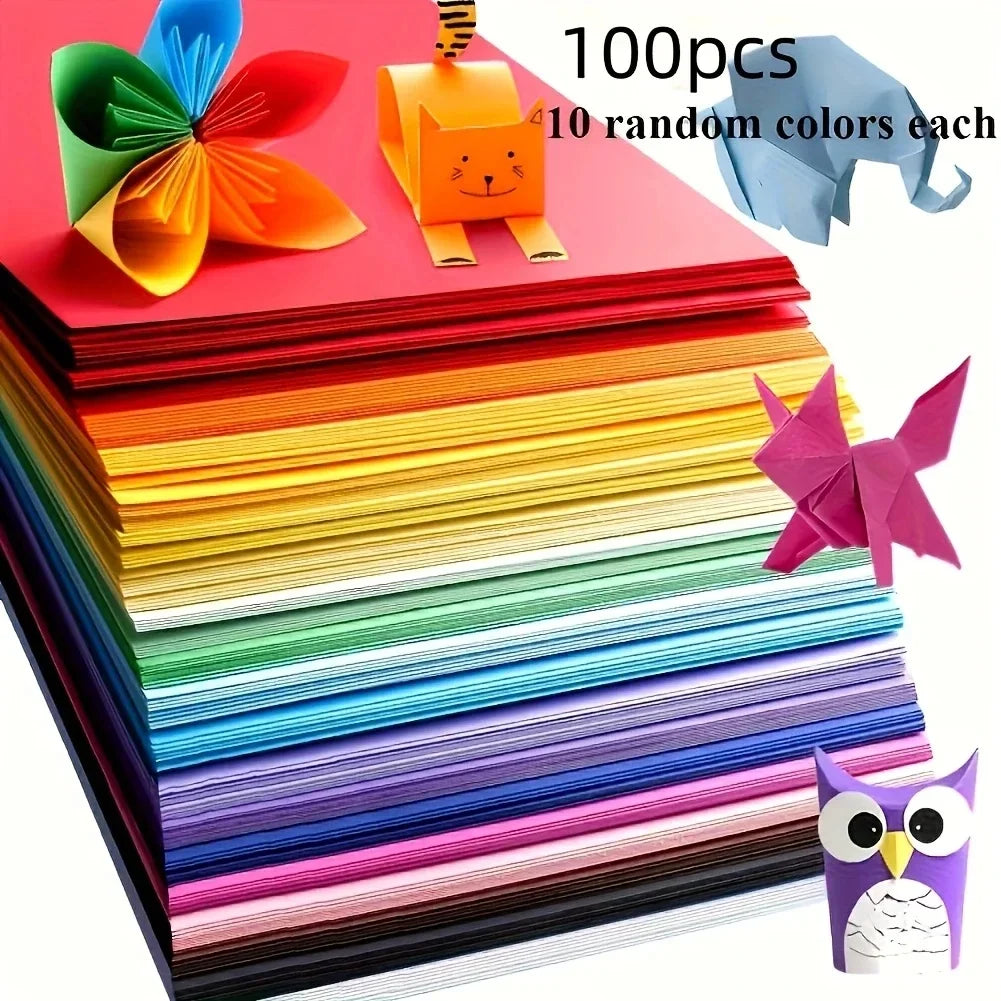 A stack of 100 sheets of colorful origami cardstock paper, including a cat and owl shapes.
