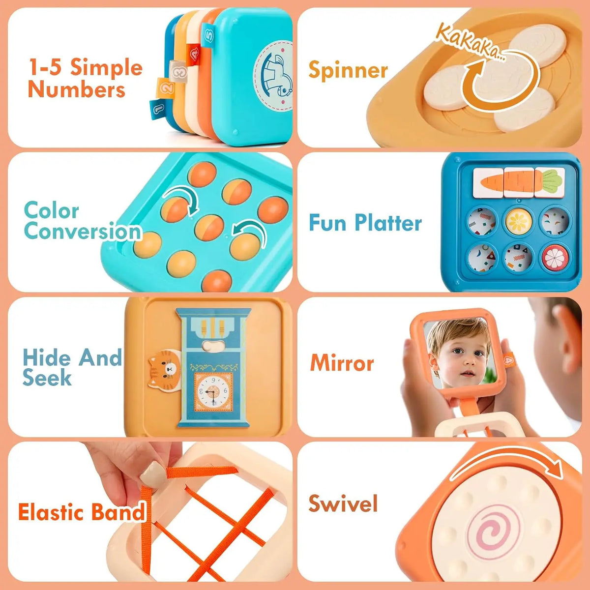 A collection of sensory folding activity cubes and tools including a spinner, fun platter, mirror, and swivel for toddlers.