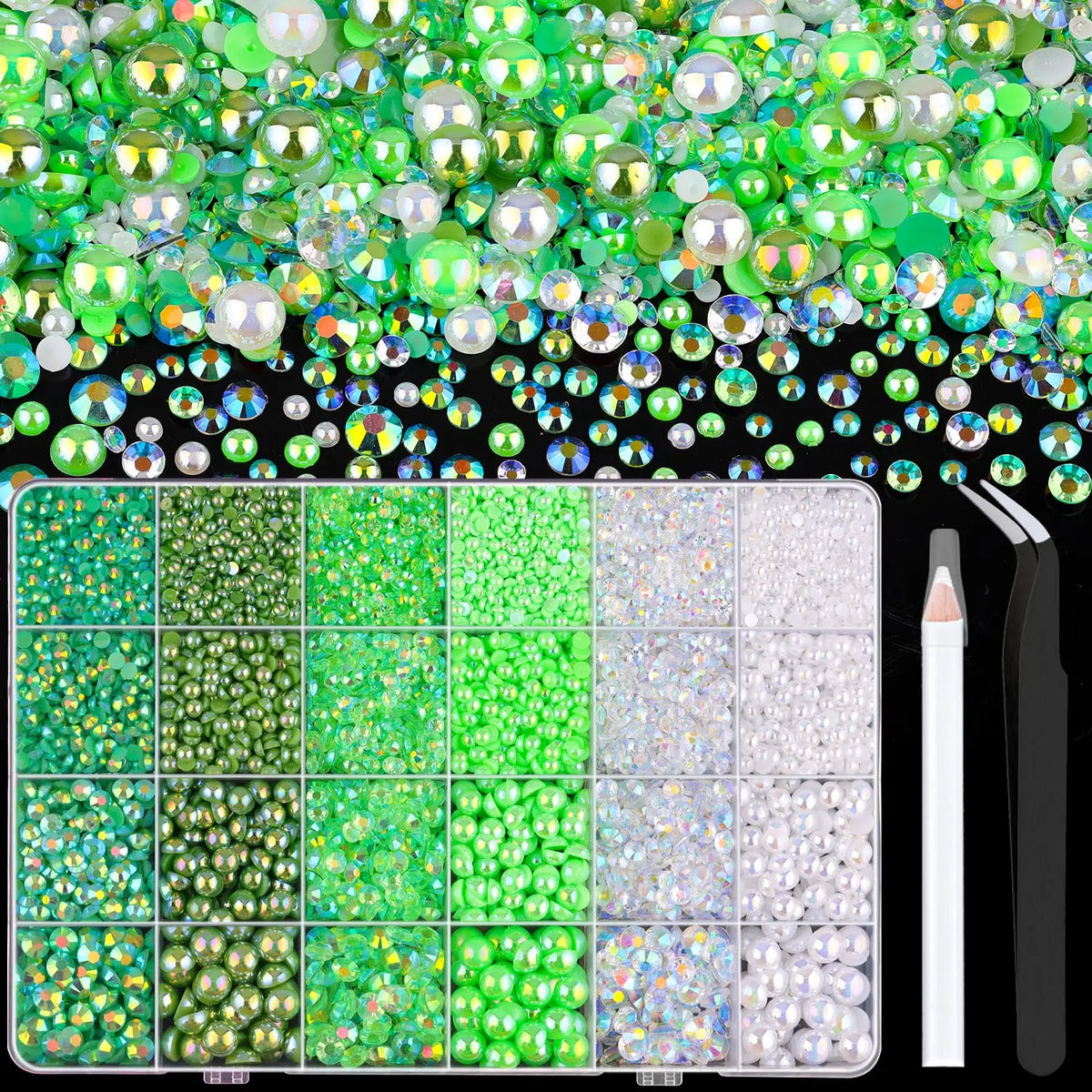 A craft kit featuring flatback pearls and rhinestones in various shades of green and silver, complete with a tweezer and pick