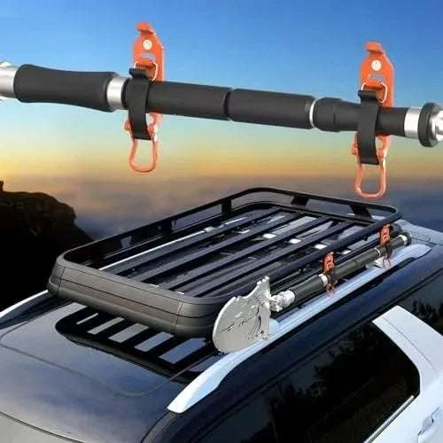 An orange heavy-duty wall mount tool holder is shown mounted on a vehicle roof, ready to secure shovels or axes.