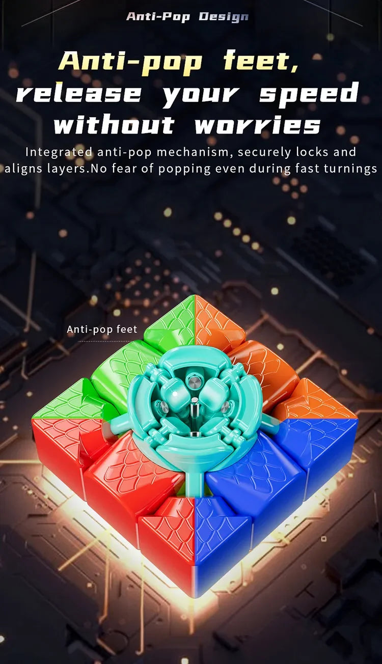 A close-up view of an Anti-pop feet magnetic speed cube in green, blue, and red colors resting on a dark surface.