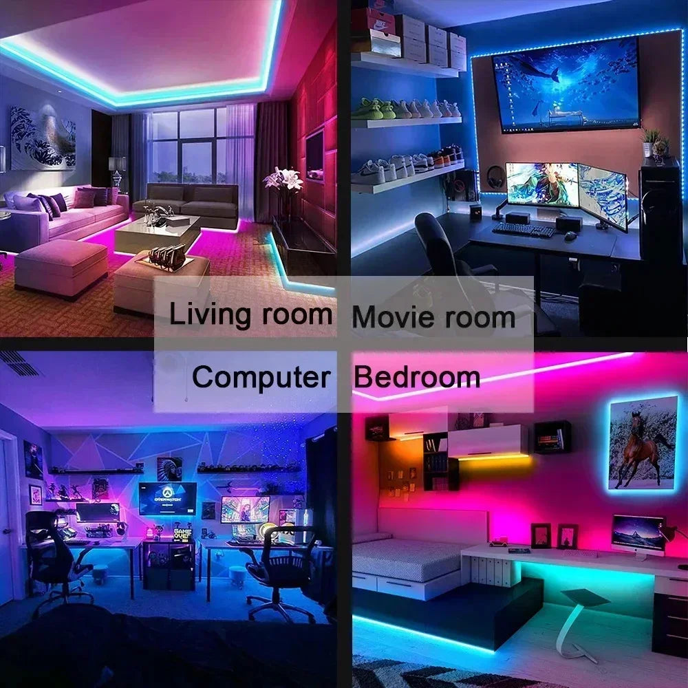 A collage showing various rooms decorated with smart RGB LED strip lights, including a living room, movie room, computer setu