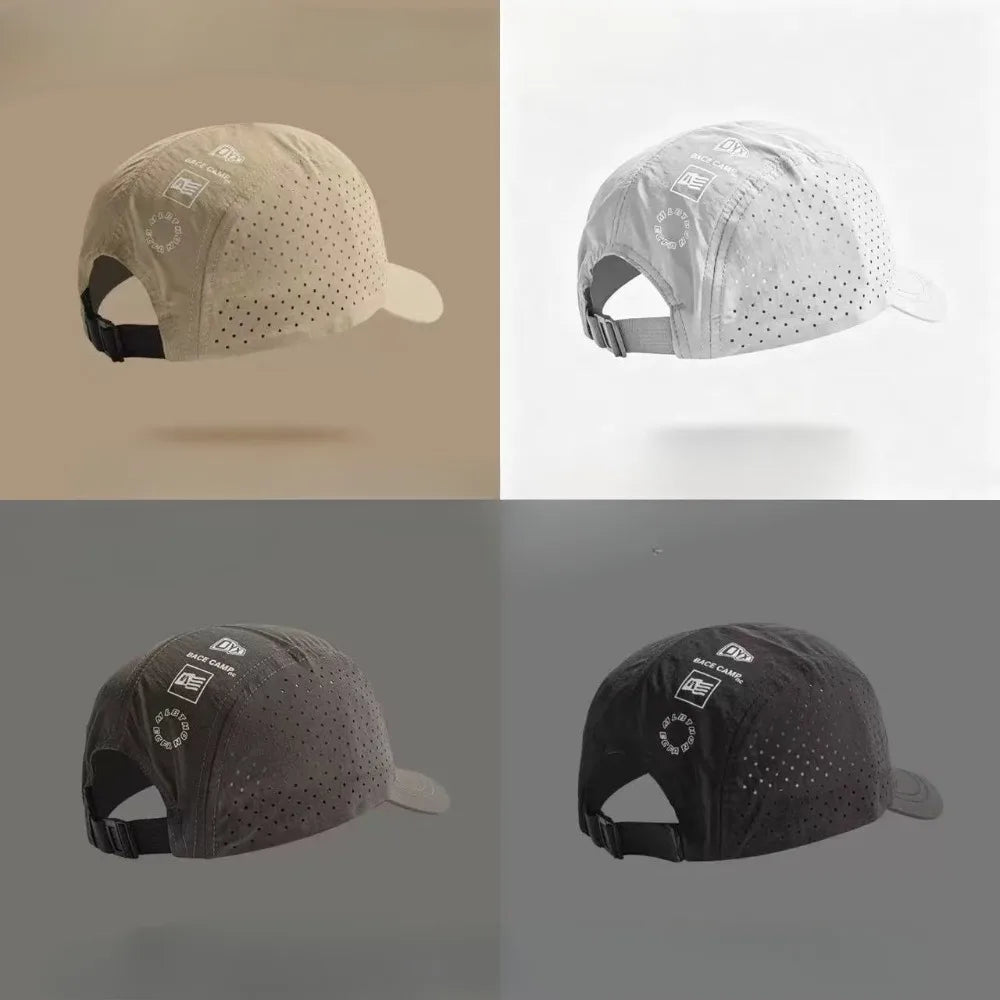 Three views of a short brim quick-dry mesh baseball cap in beige, gray, and black.