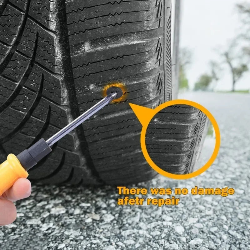 A hand uses a nail kit to inspect a tire for damage, showing no damage after repair.