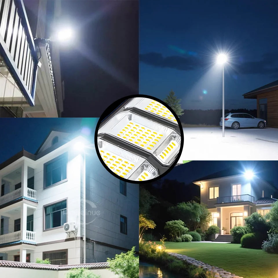 A close-up view of a 320° wide angle solar street light with motion sensor and remote, illuminating a dark outdoor scene.