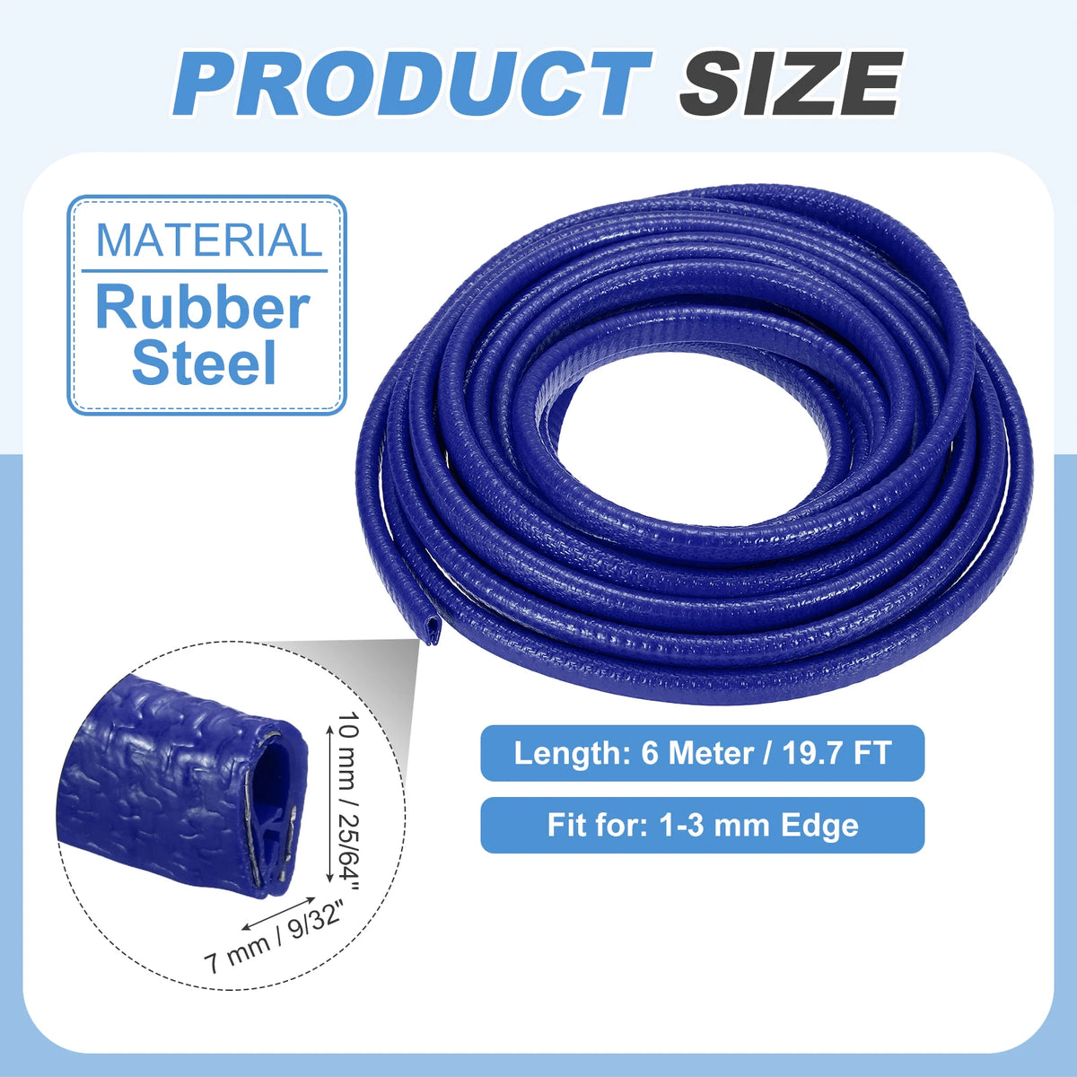 Blue rubber steel flexible U-channel edge protector trim coiled for use with a 1-3 mm edge.