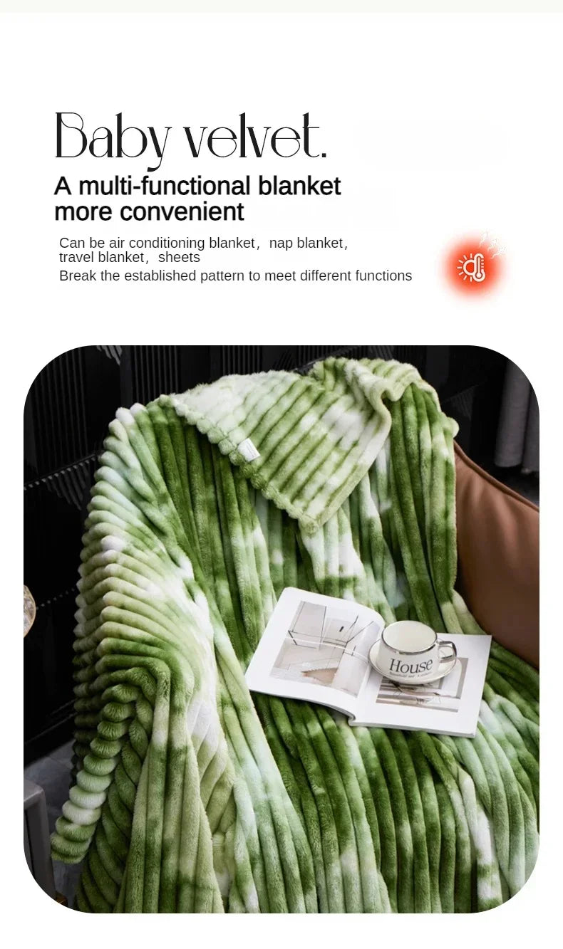 A green and white striped multi-functional blanket draped on a surface.