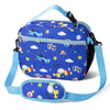 Blue insulated lunch bag with a sky theme and adjustable strap