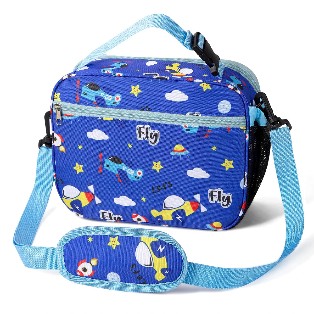 Blue insulated lunch bag with a sky theme and adjustable strap