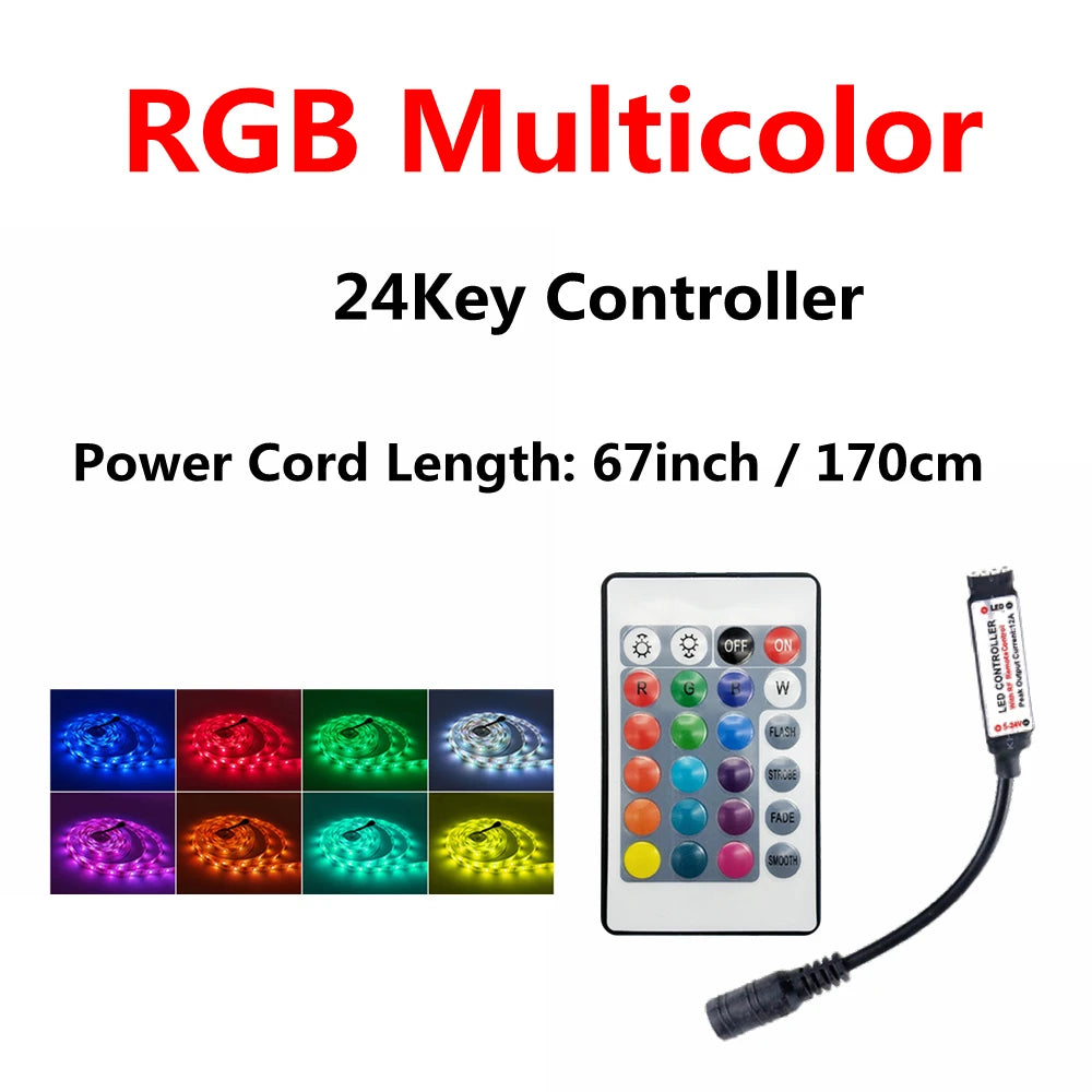 A 24Key RGB Multicolor controller with a power cord, showing various colored LED lights.