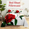 White bedding featuring a large red rose digital print on the duvet and pillowcase.