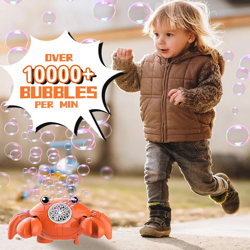 A young child is blowing bubbles while interacting with an orange crab bubble blower toy.