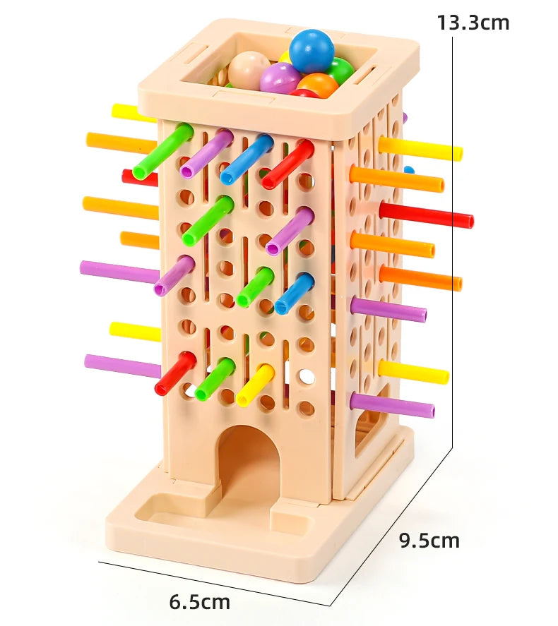 A light peach pick-up sticks board game featuring colorful wooden sticks and balls.