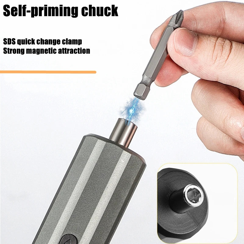 A hand is using a self-priming chuck on an SDS quick change clamp tool, demonstrating strong magnetic attraction.