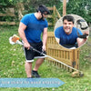 A man is shown using a clear protective face shield for weed whacking, with an inset showing the product.