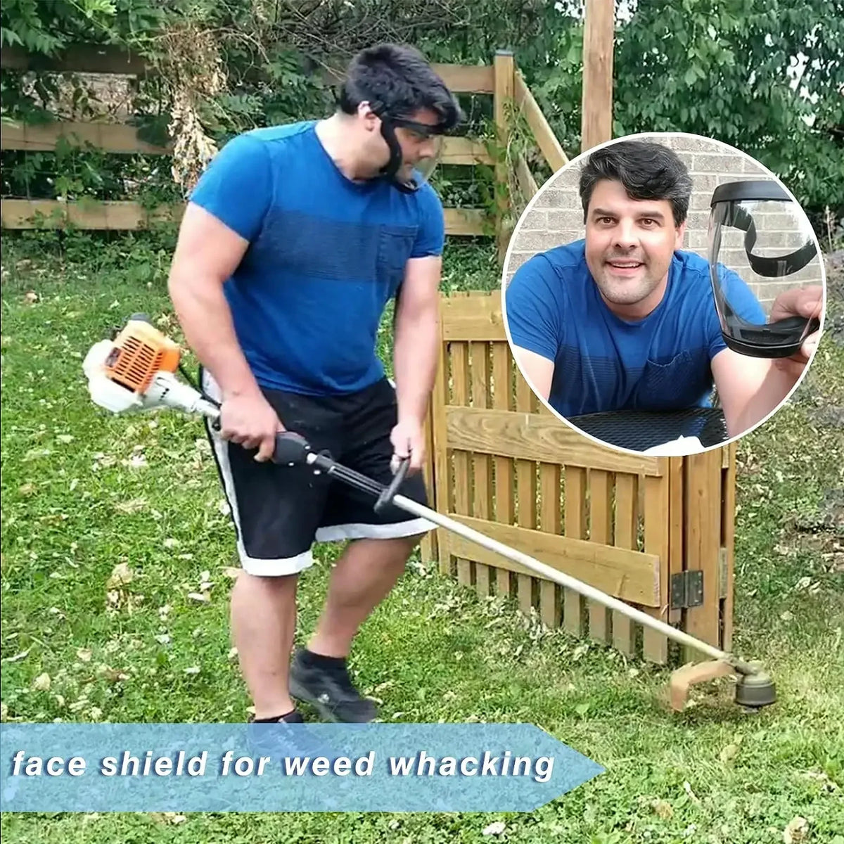 A man is shown using a clear protective face shield for weed whacking, with an inset showing the product.