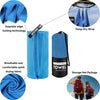 A blue microfiber sports towel with a storage net package and a hang-dry strap.