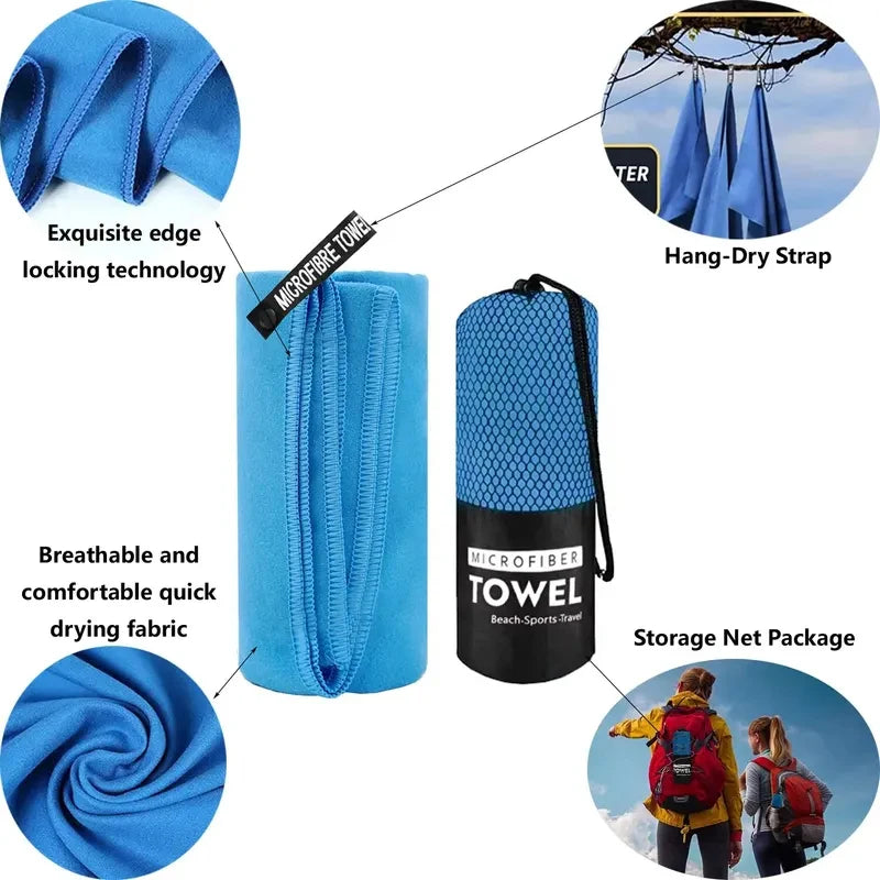 A blue microfiber sports towel with a storage net package and a hang-dry strap.