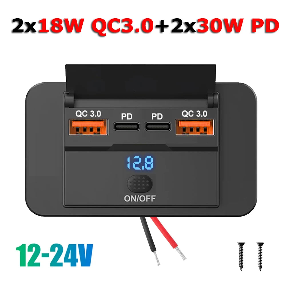96W 4-Port USB Car Charger with Dual PD & Dual QC 3.0