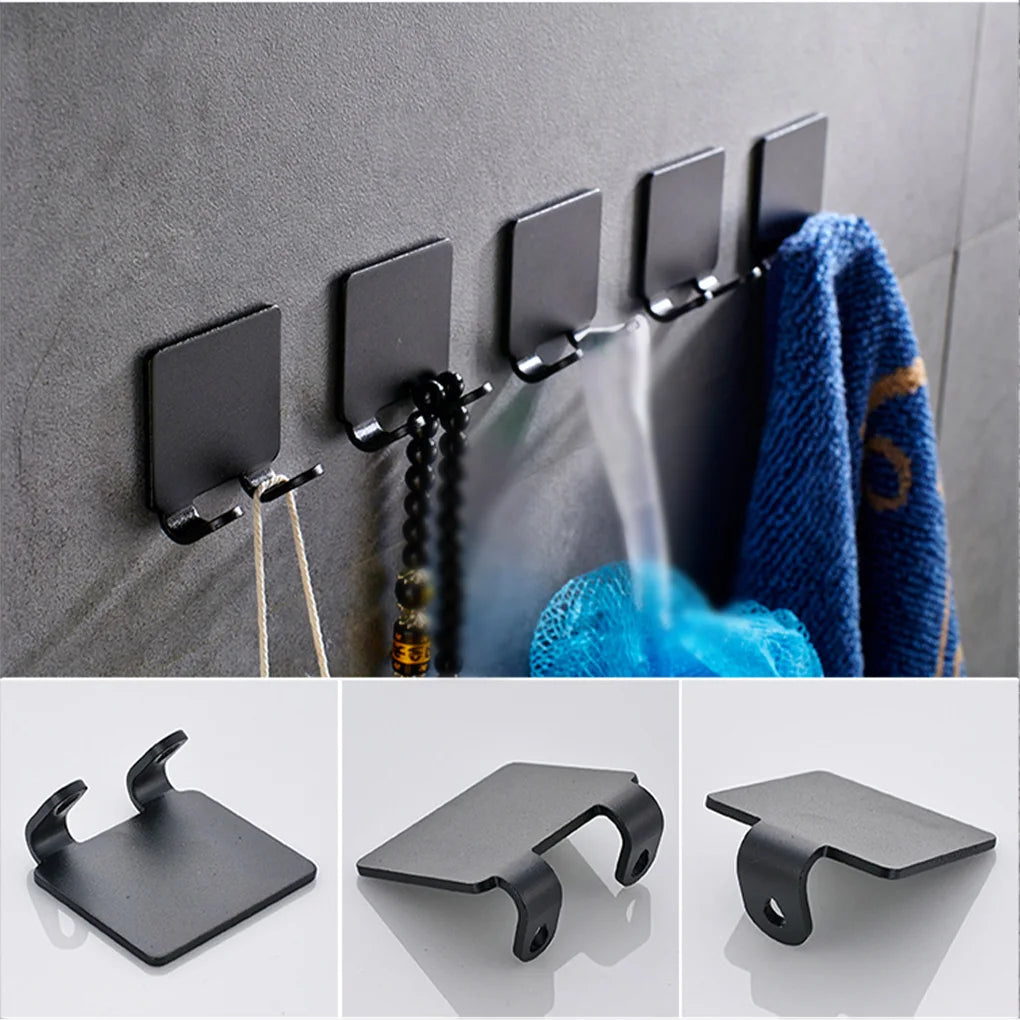 Black aluminum wall-mounted adhesive razor holder with a flexible wire and blue foam head