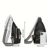 Black PU leather crossbody bag with a patterned strap shown in profile view.