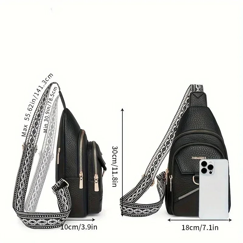 Black PU leather crossbody bag with a patterned strap shown in profile view.