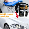 A bottle of Scratch Removal Wax is shown next to a blue cloth on a white car surface, demonstrating its use for removing scra