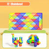 A colorful, transformable fidget puzzle toy shaped like a rainbow, shown in disassembled and assembled forms.