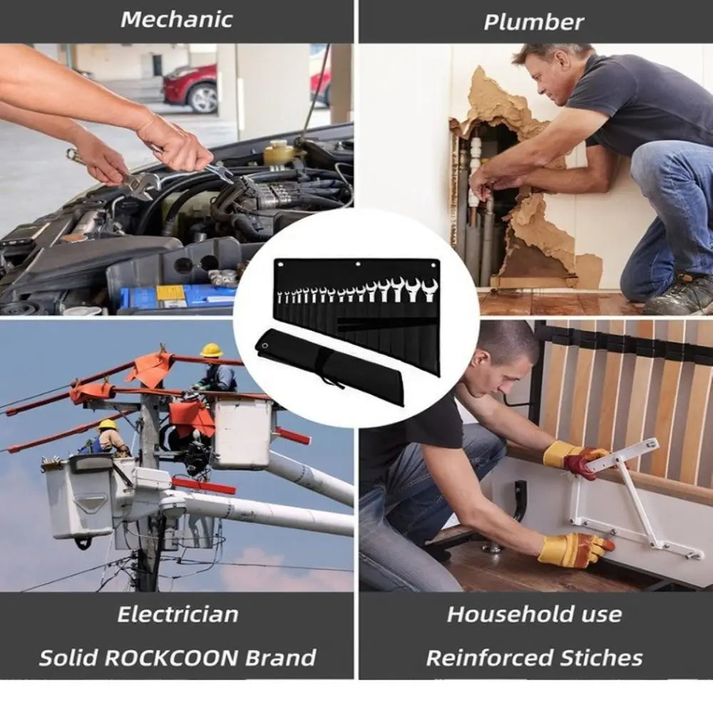 A collection of tools and components organized in a black roll-up bag, showing various mechanical, plumbing, and electrical i