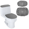 A white toilet with a gray seat and a matching gray stretchable tank cover shown alongside the individual covers.