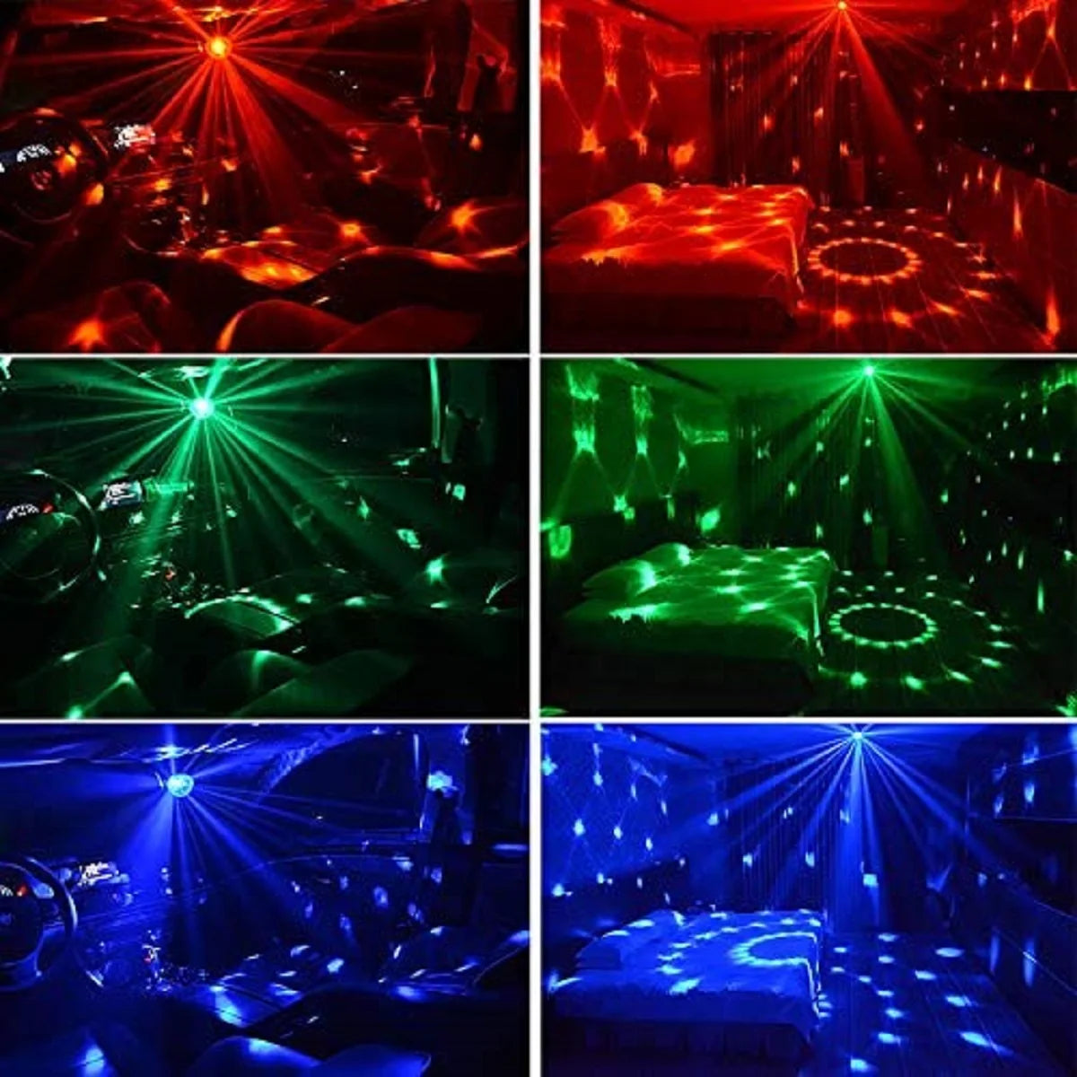 Four panels showing a remote control disco ball party light with seven effects illuminating a room.