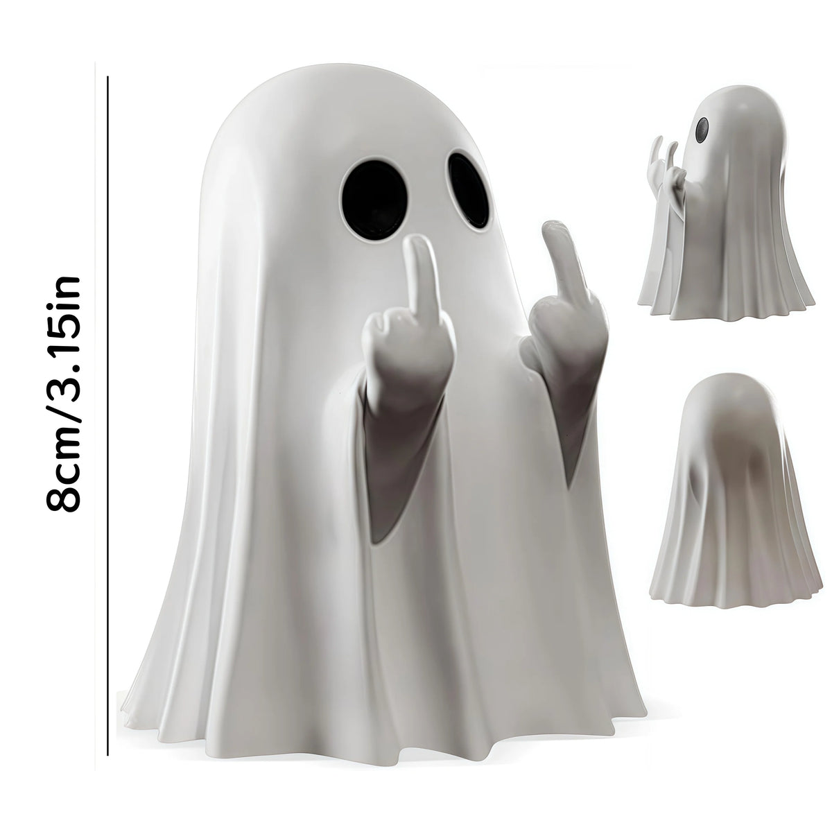 A white resin statue of a ghost with a hood and hand gesture, shown in multiple views.